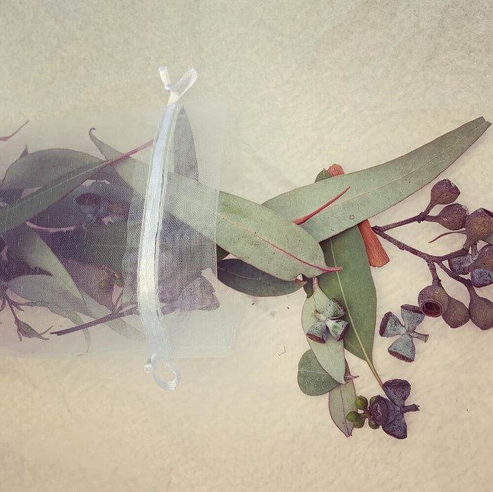 Eucalyptus aromatherapy sachet - handcrafted mix of leaves, pods, and bark in a pretty organza bag