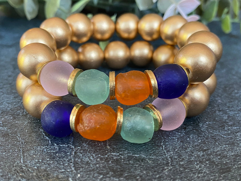 Beautiful African glass beads bracelet/ stack bracelet/ size 7"/ multi color bracelet/ gold wooden beads bracelet