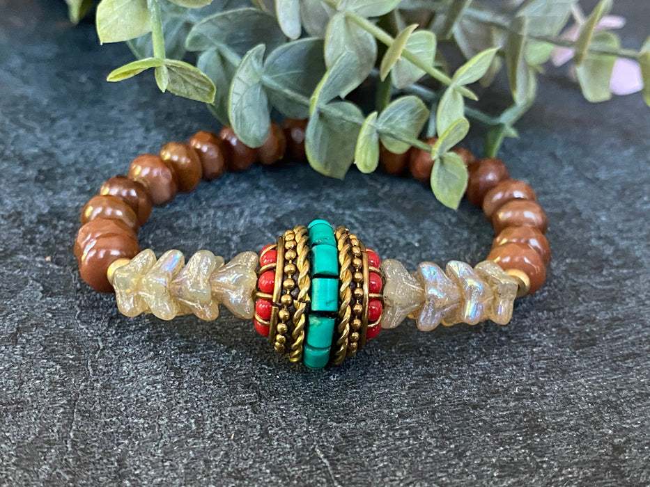 Tibetan bracelet / Czech glass beads bracelet/ tribal bracelet/ size 7"/ earthy neutral color bracelet