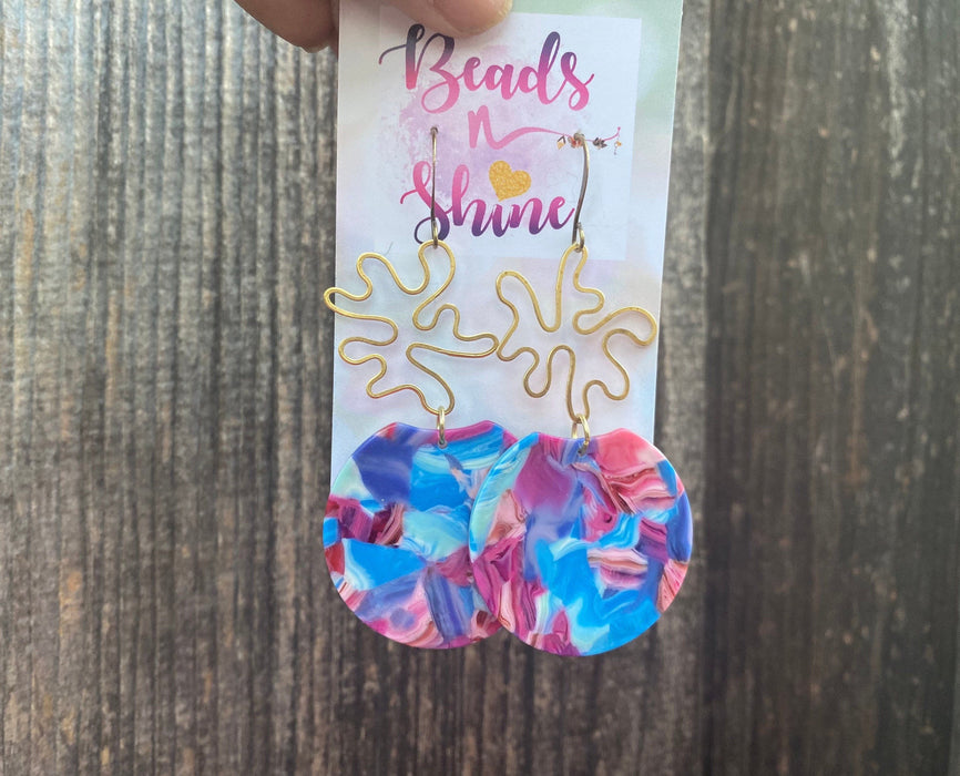 Statement earrings, acrylic earrings , Modern feminine earrings, stylish earrings, lightweight earrings, blue and pink resin earrings