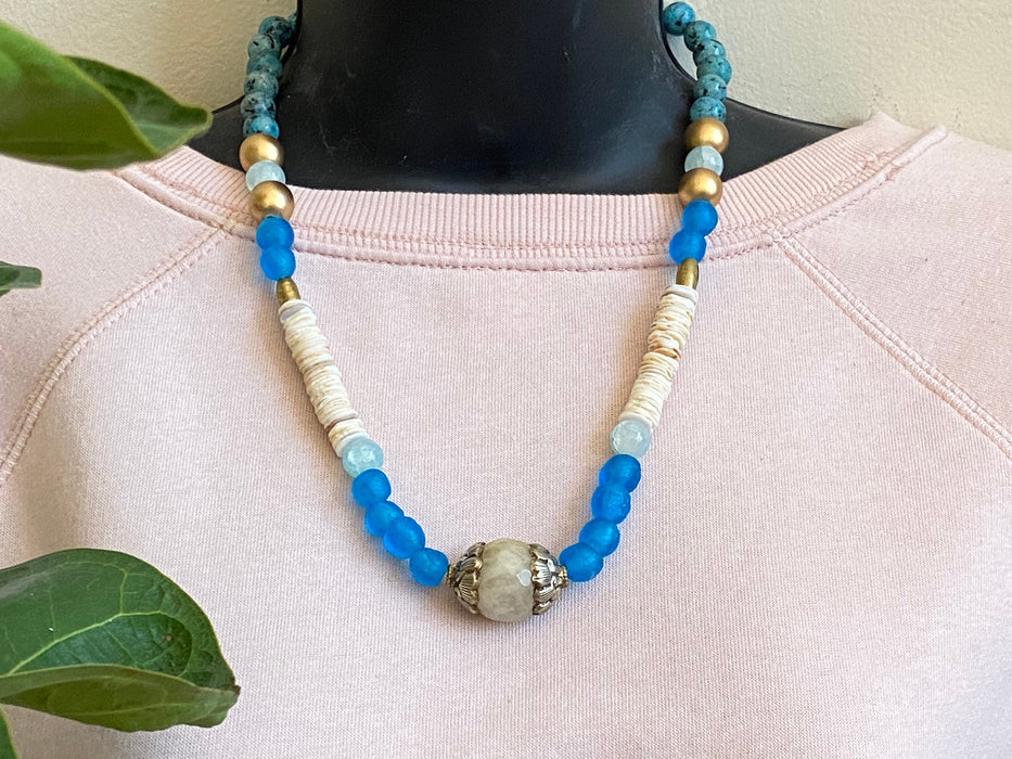 Bohemian necklace, blue African glass beads necklace, statement necklace, gifts for her