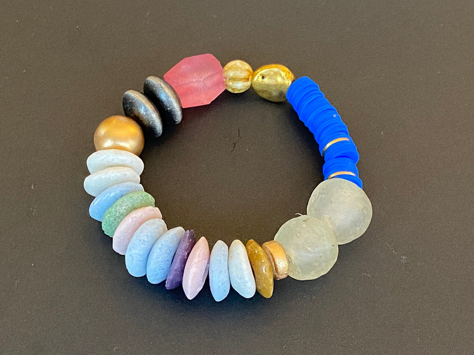 African bracelet/ glass and bone beads bracelet/ African vinyl bracelet/stack bracelet/ size 7"/ set of 3/ hot pink color / royal blue