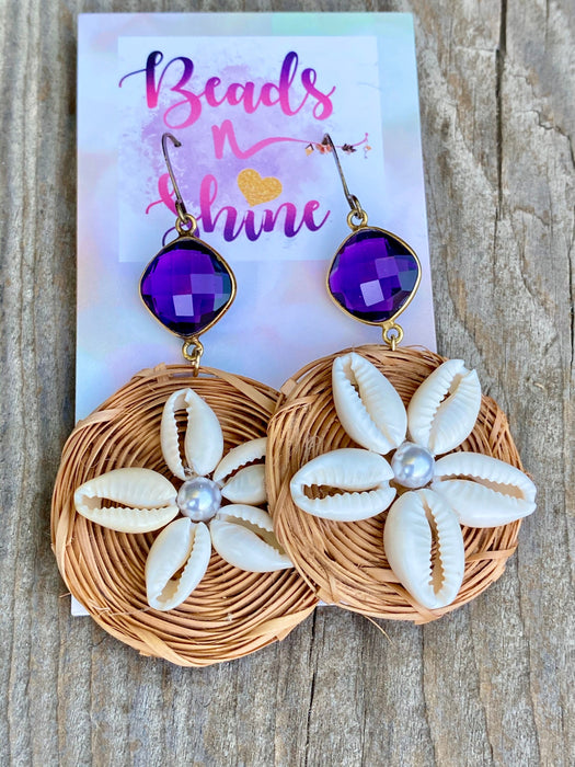 Purple quartz earrings , raffia grass earrings, Statement earrings, cowrie shell earrings, Beach earrings