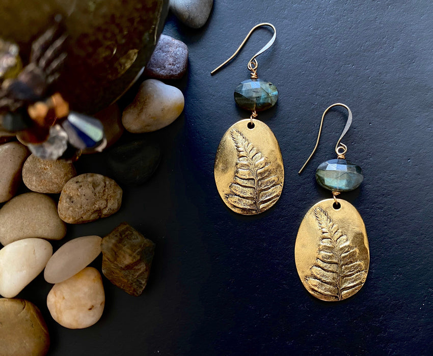 Fall leaf earrings ,Statement earrings, Modern brass earrings, Labradorite drop earrings, fern earrings