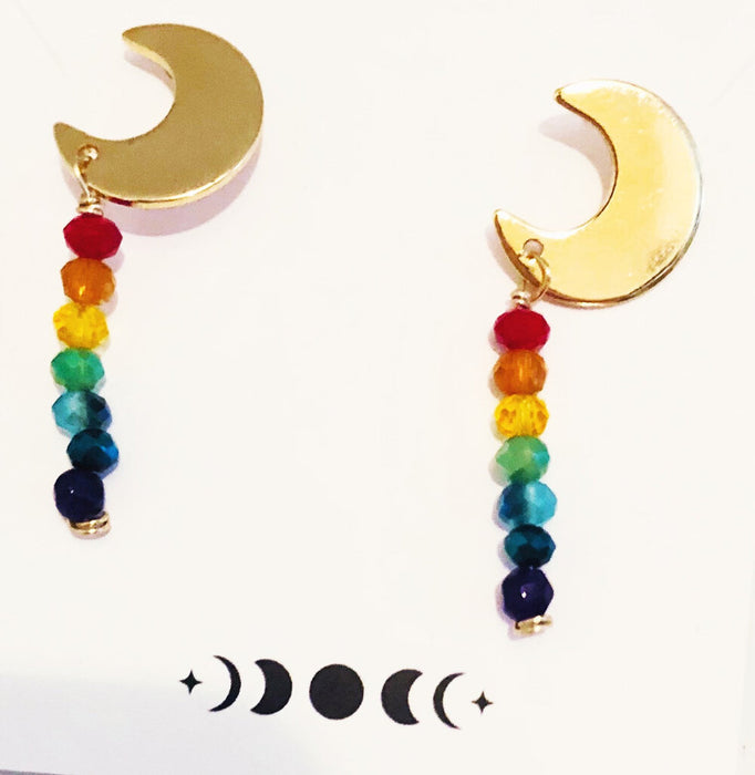 Handmade Crescent Moon Earrings // Crystal Earrings // Chakras Earrings // Rainbow Earrings // Boho Chic Earrings