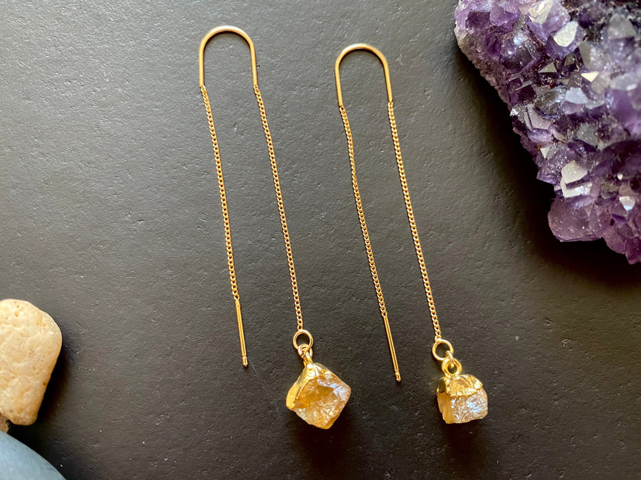Gold threader earrings, raw natural citrine earrings,dainty and minimalist,sterling silver 925 , gifts for her, November birthstone