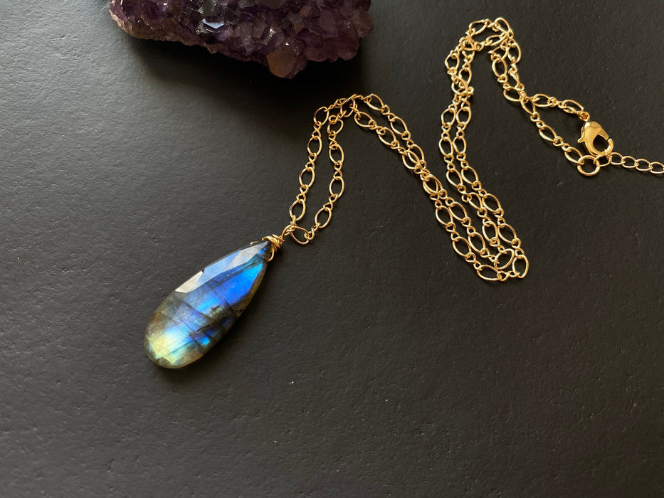 Labradorite drop necklace, rainbow , blue green flash pendant, anti tarnish gold necklace,