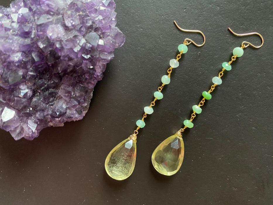 Statement earrings, lemon quartz earrings, chrysoprase beads wrapped,Minimalist dangles, long dangles
