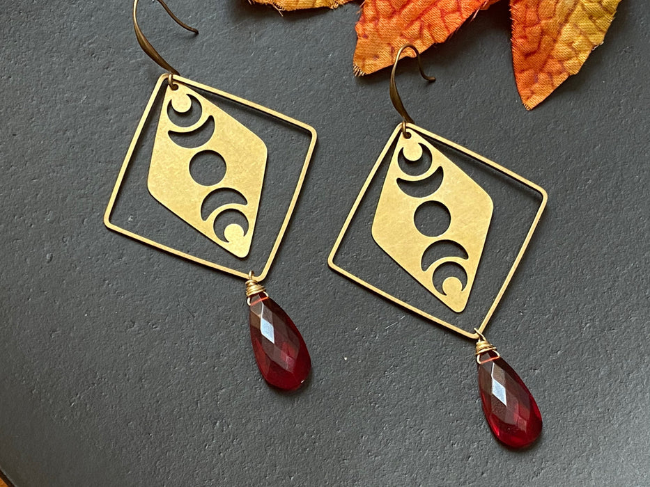 Quartz earrings - brass geometric earrings - Moon phase earrings - Gifts for women - gemstone dangles