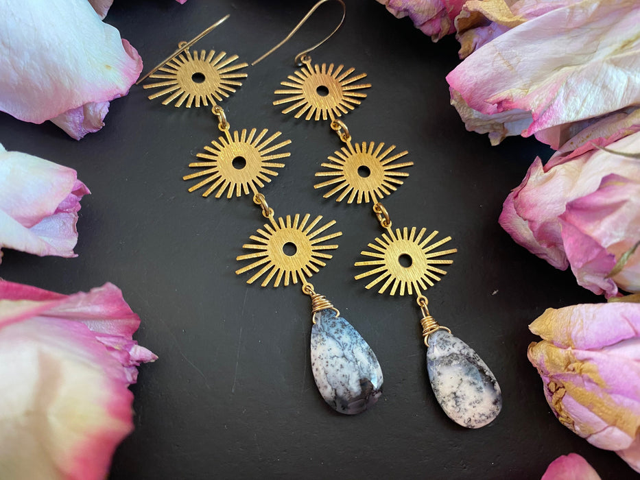 Dendritic opal earrings ,Statement earrings, natural stone earrings, brass earrings, gifts for her