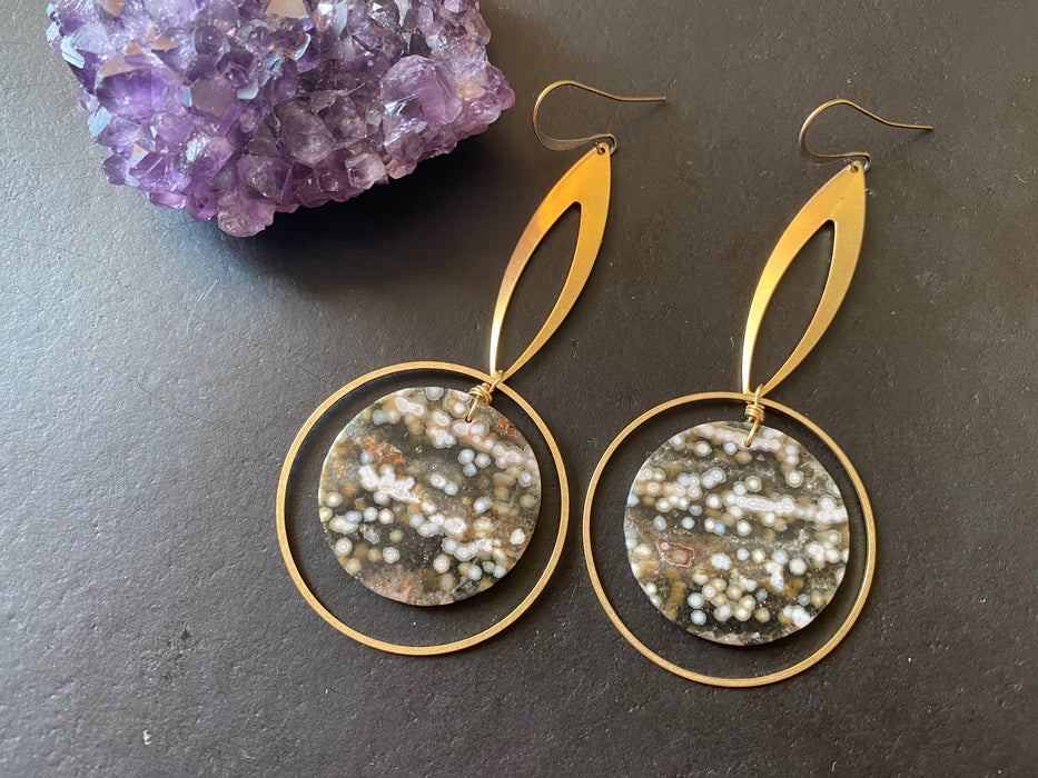 Statement earrings, Ocean jasper earrings, geometric earrings, brass earrings, gold dangles, long earrings, natural stone earrings