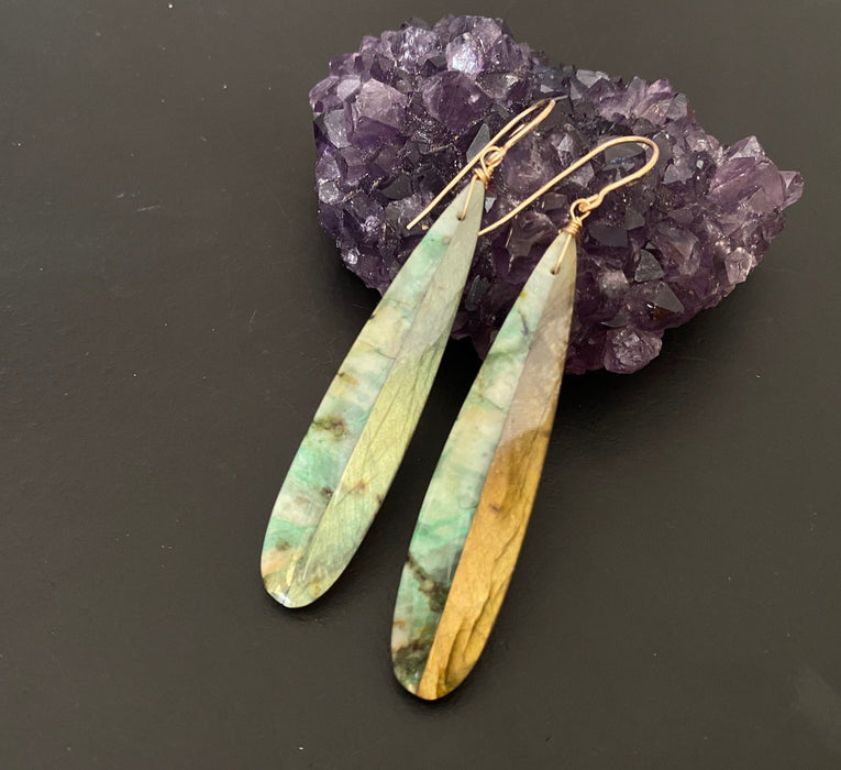 Chrysocolla earrings, intarsia earrings, statement earrings , labradorite earrings, unique dangles, green earrings, natural stone earrings