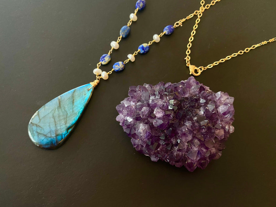 Statement necklace, Labradorite necklace, best friends gift, birthday gift, lapiz lazuli and fresh water pearl necklace, blue flashy pendant