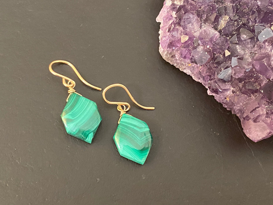 Malachite earrings, Dainty earrings, natural stone earrings, 14k gold filled ear hooks, gifts for her, minimalist drops