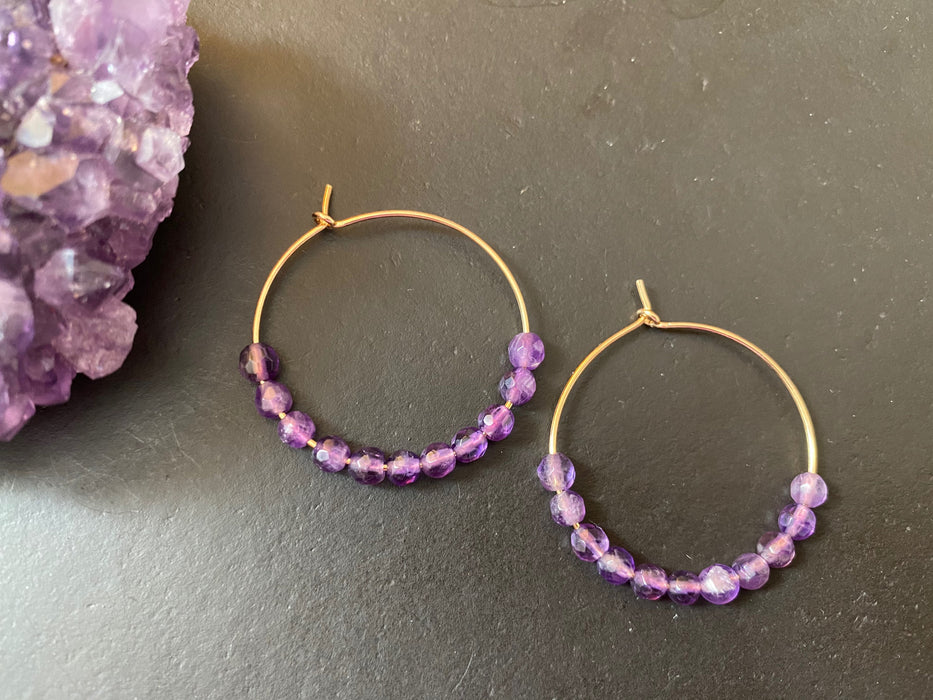 February birthday gift, February birthstone hoops, 14k gold filled hoop earrings, gemstone earrings, amethyst earrings, dainty earrings