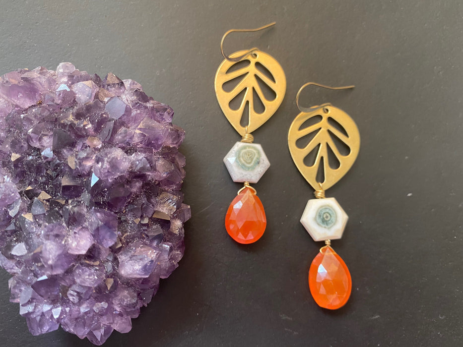 Carnelian earrings,Statement earrings, Modern brass earrings, raw brass earrings, gold dangles, solar quartz earrings