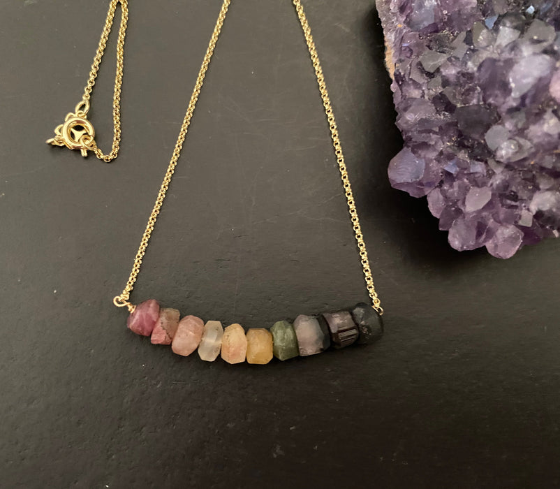 Tourmaline bar necklace, gemstone necklace, gifts for her, 14k gold filled chain, October birthstone