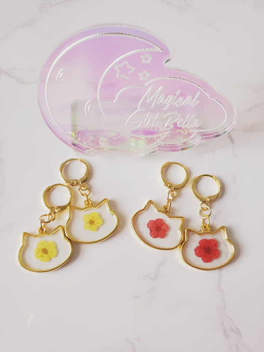 Cat Earring Huggies with Plum Blossom Flowers
