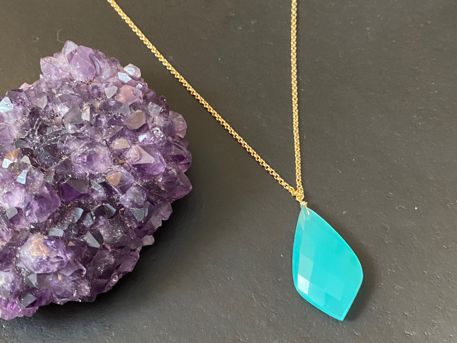Aqua chalcedony pendant , gifts for her, green stone necklace, 14k gold chain, anti tarnish chain, natural stone pendant