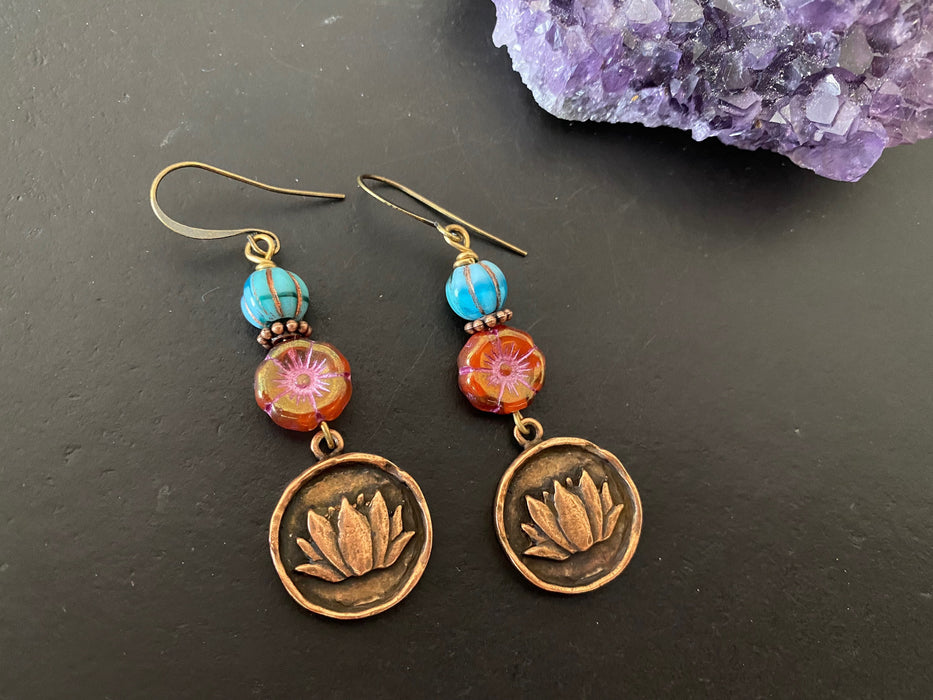 czech glass earrings /gifts for her/ lotus earrings/ artisan made copper