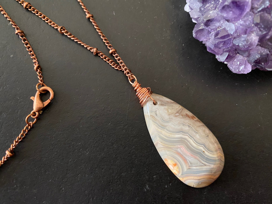 Agate pendant, Crazy lace agate stone necklace, tropical necklace , long copper chain, length 20 inch