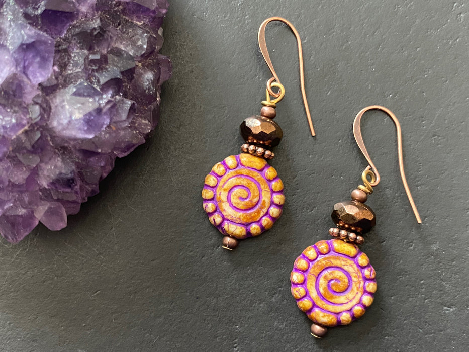czech glass earrings, decorative earrings, spiral earrings, bohemian earrings, czech glass beads