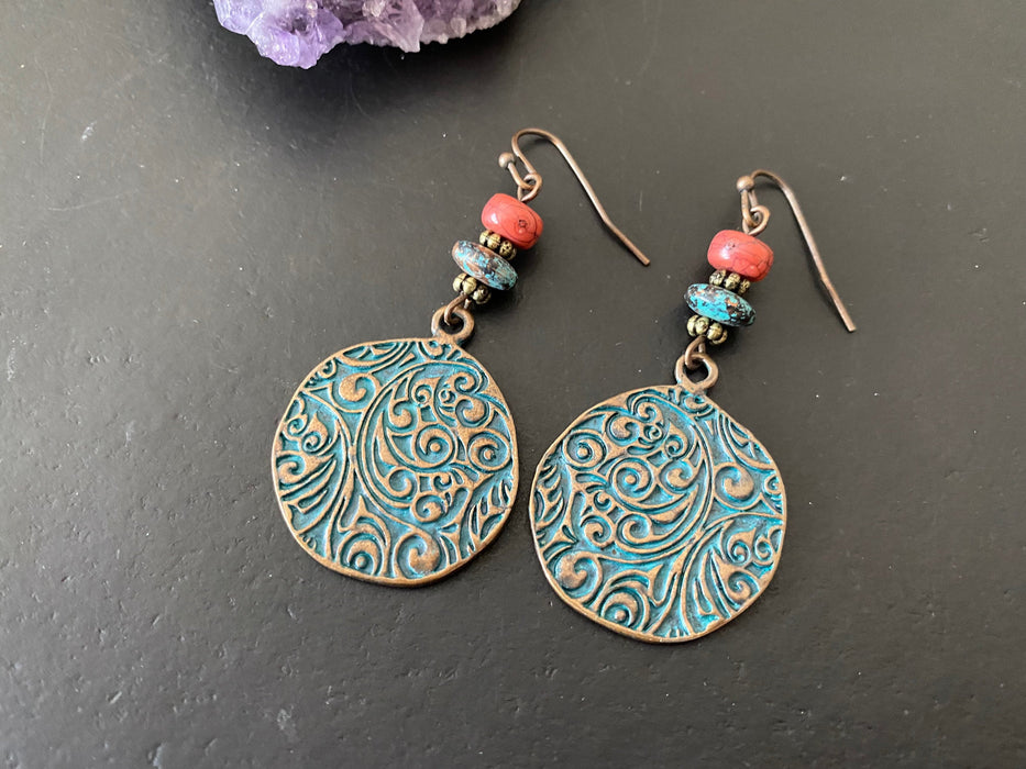Boho earrings , patina earrings, etched metal earrings , copper earrings