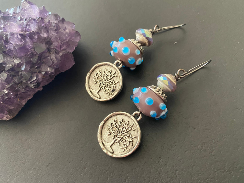 Boho chic jewelry / lampwork bead earring/czech glass earrings / gifts for her/ tree of life charm earrings