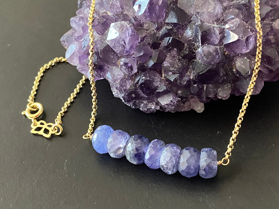 Tanzanite bead bar necklace , gifts for her, layering necklace, 14k gold chain, anti tarnish chain, size 8mm beads, December birthstone