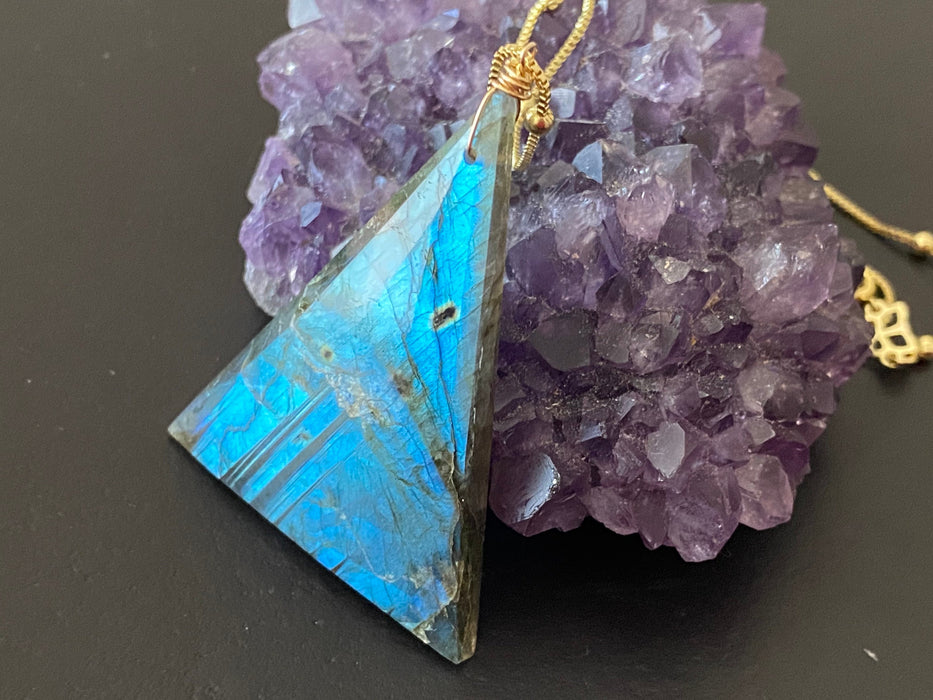 Labradorite pendant, natural gemstone, womens necklace, blue flashy necklace, large triangle pendant