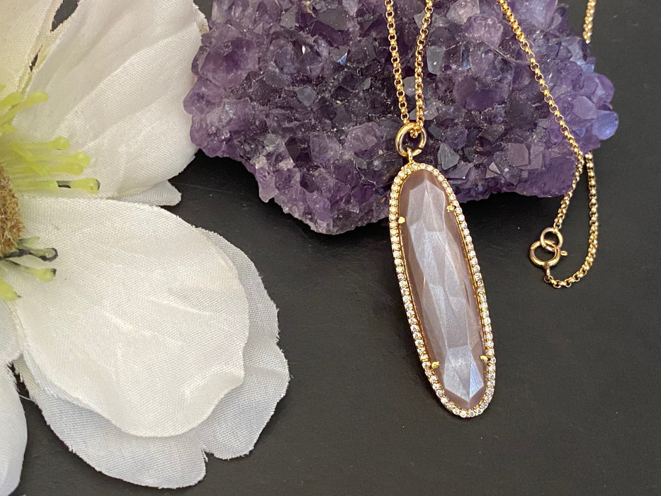 Chocolate moonstone pendant , CZ detailed,gifts for her, oval pendant , 14k gold chain, anti tarnish chain
