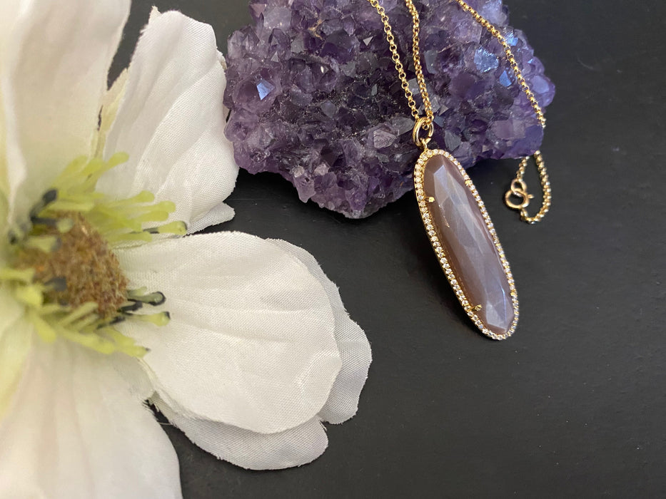 Chocolate moonstone pendant , CZ necklace ,gifts for her, oval pendant , 14k gold chain