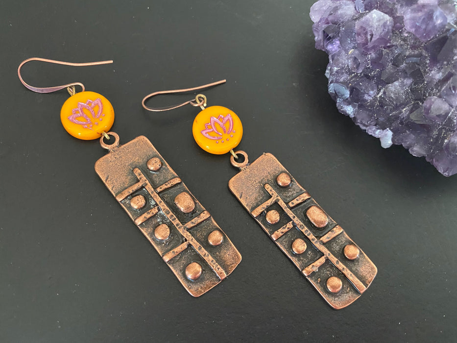 Statement earrings/ Boho earrings / brass earrings /Hawaiian flower earrings / Aloha earrings /czech glass earrings/ copper earrings