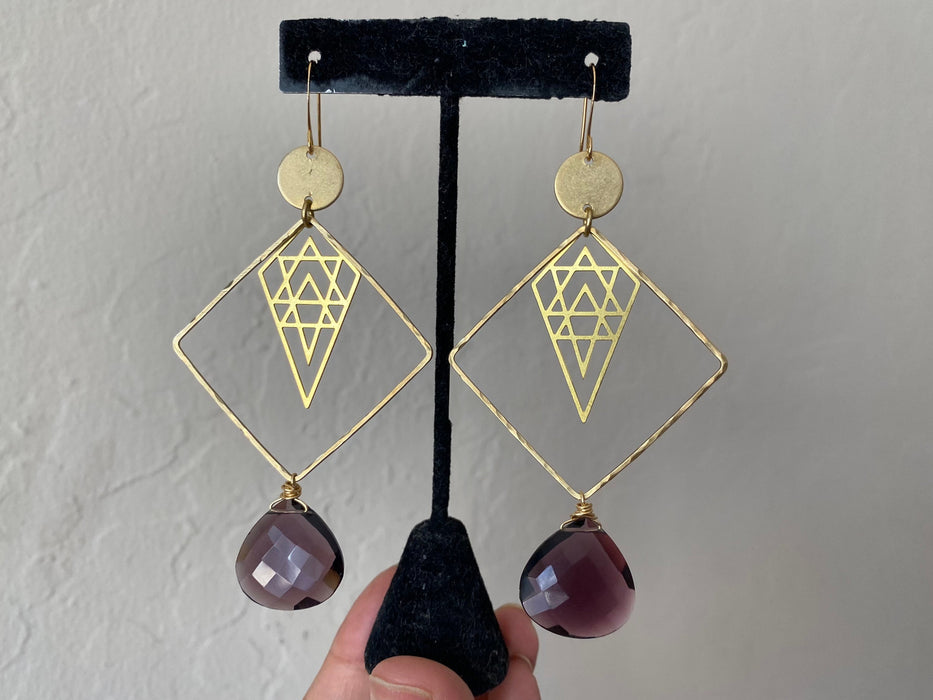 Statement earrings, Purple quartz earrings, brass geometric hoops , Modern brass earrings