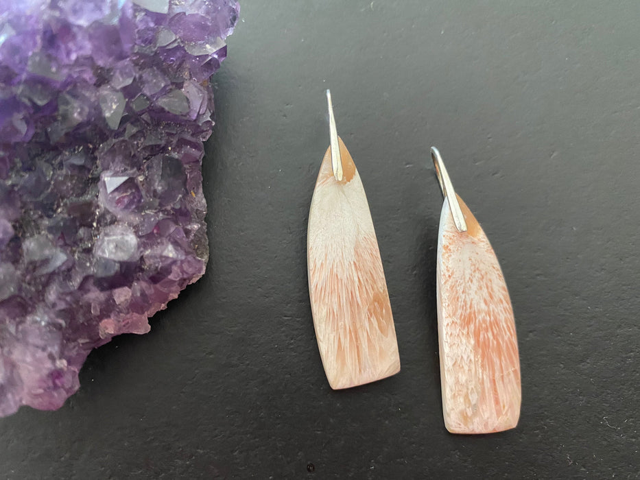 Scolecite earrings, sterling silver ear wires,natural stone jewelry, healing stone, salmon pink color earrings, gifts for women