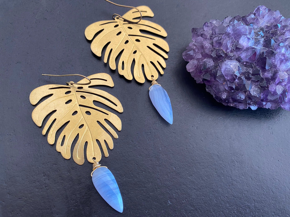 Statement earrings, large monstera leaf earrings, blue lace agate earrings , Brass earrings, gold large dangles