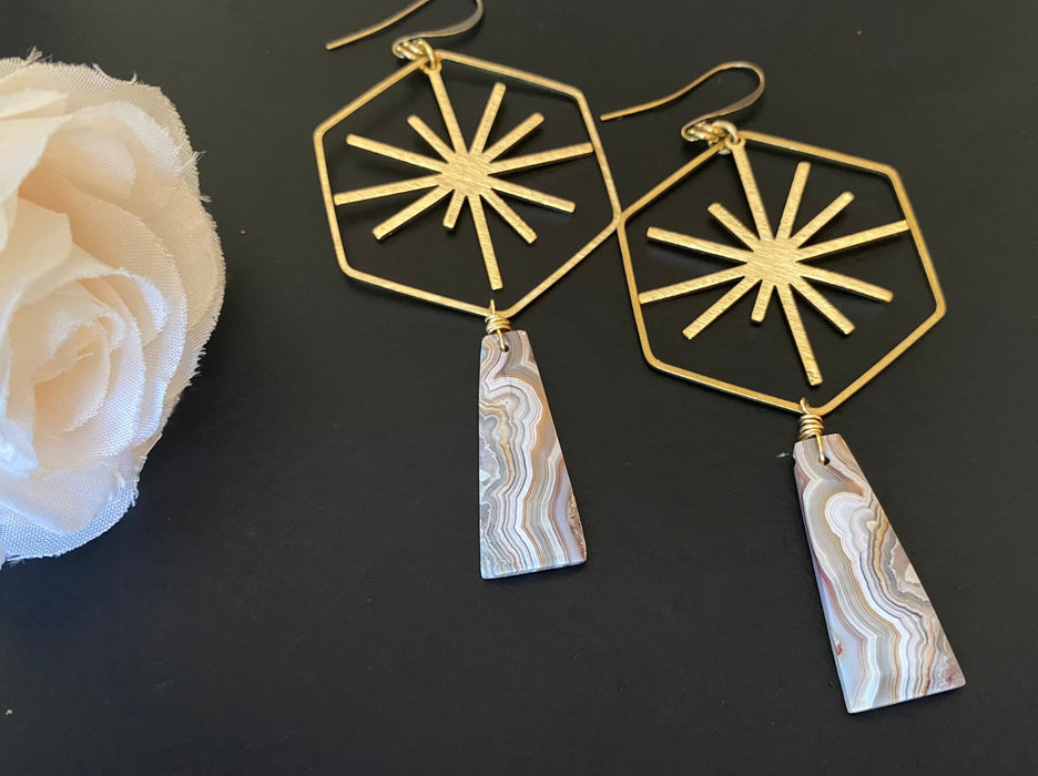 Crazy lace Agate earrings/ natural stone jewelry/ unique earrings / gifts for women/ brass dangles/ geometric earrings/ agate earrings