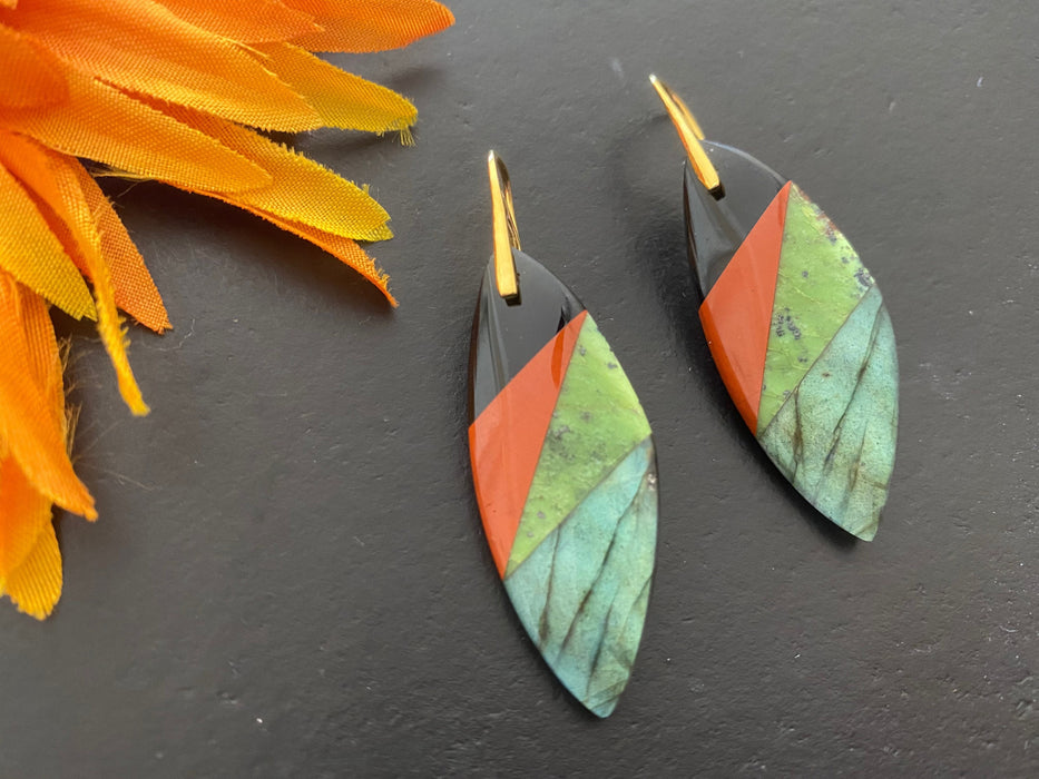 Red river jasper, labradorite,obsidian earrings, intarsia earrings, statement earrings ,natural stone earrings,925 sterling silver ear wires