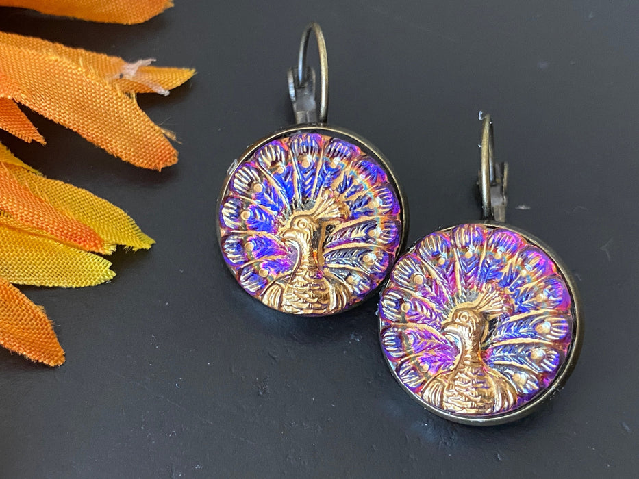 Czech Glass Button Earrings, Boho Dangle Earrings, Vintage Jewelry, Czech Glass Earrings, Bohemian Hippie Earrings, peacock studs