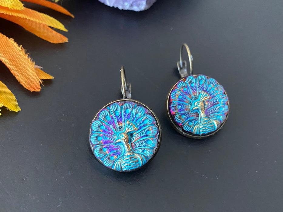 Czech Glass Button Earrings, Boho Dangle Earrings, Vintage Jewelry, Czech Glass Earrings, Bohemian Hippie Earrings, peacock studs