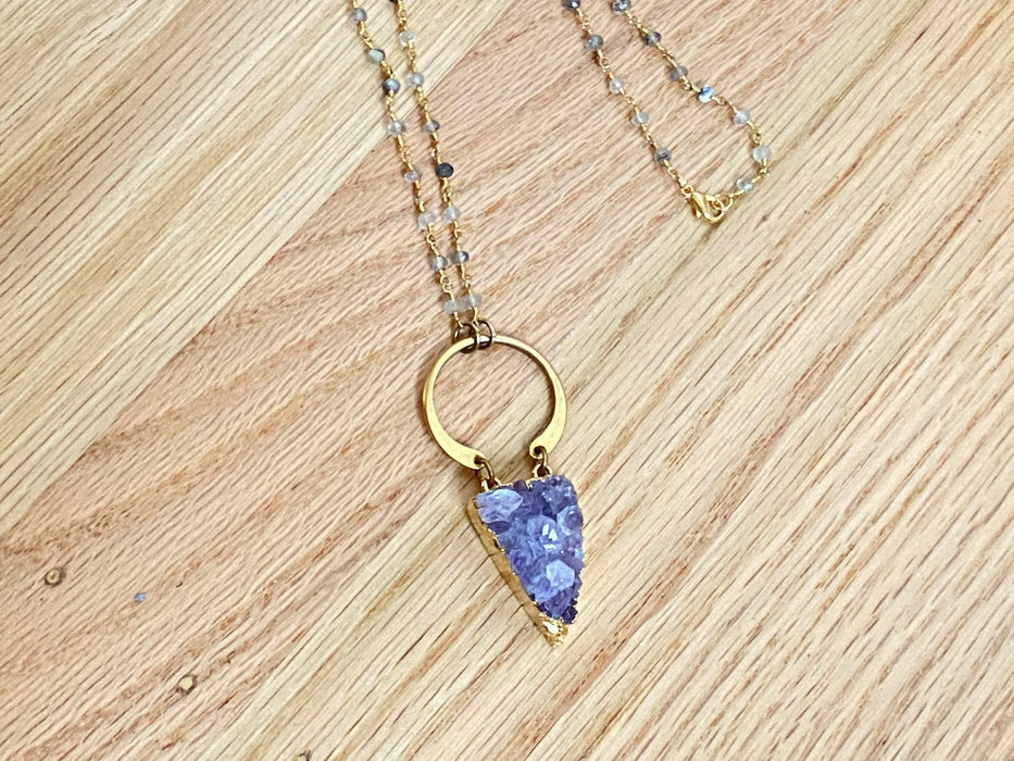 Druzy amethyst pendant, rutile quartz Beaded necklace, length 24 inch