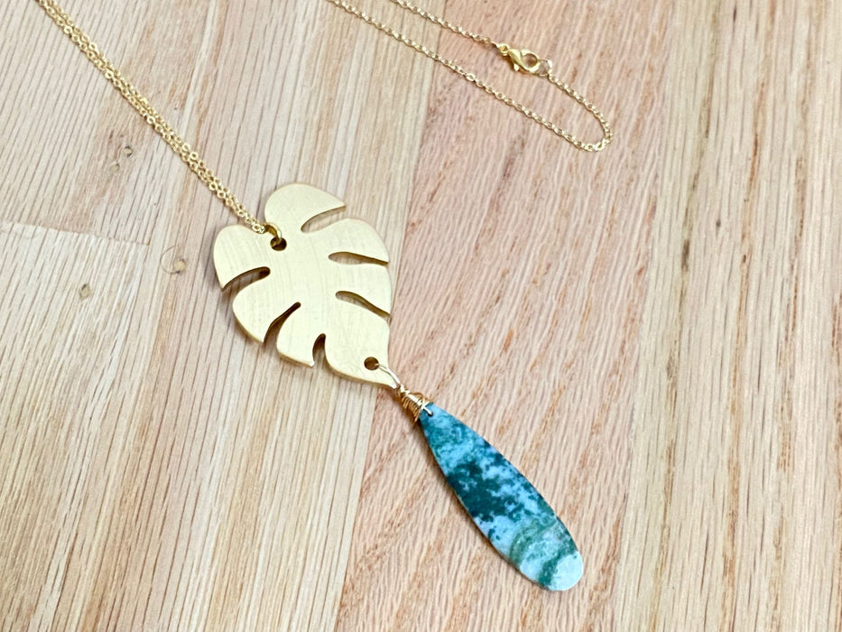 Moss Agate pendant, Monstera leaf necklace, tropical necklace , long gold plated chain, length 32 inch