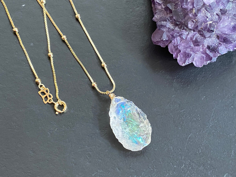 Aura quartz pendant , gifts for her, layering necklace, 14k gold chain, anti tarnish chain, natural stone pendant