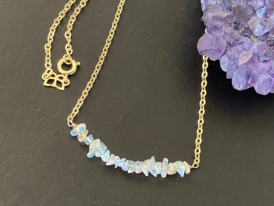 Raw Opal necklace, gemstone necklace, 14k gold filled chain, October birthstone, bar necklace