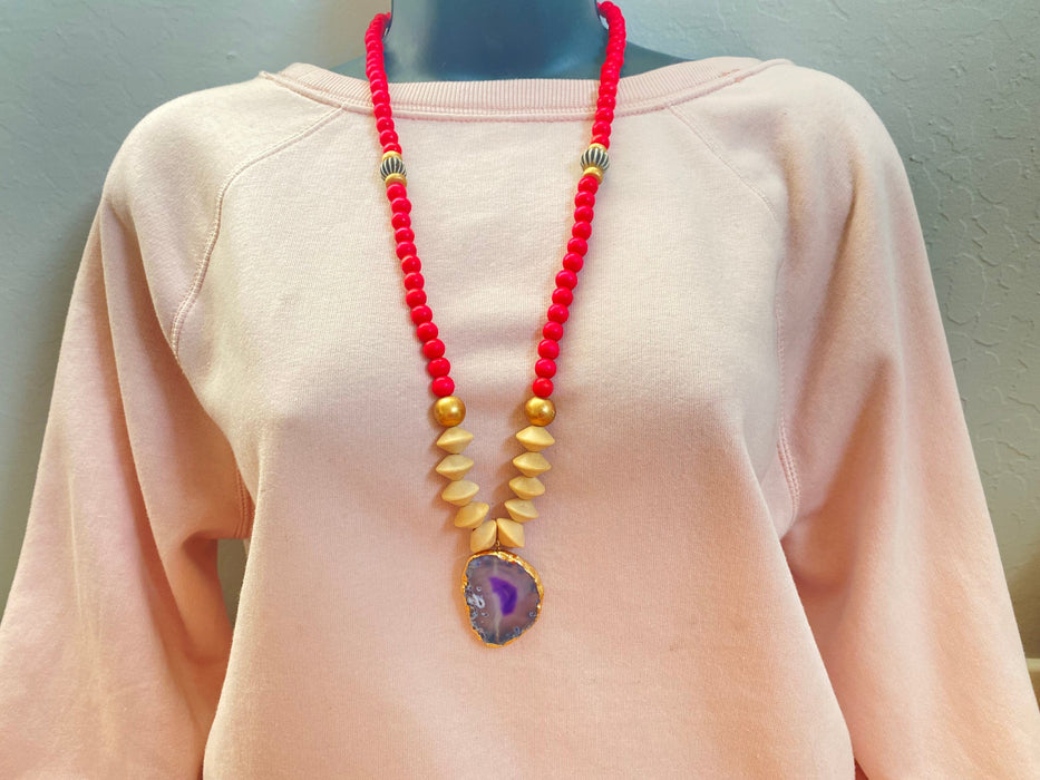 Wood necklace, boho necklace, purple agate pendant,statement necklace,
