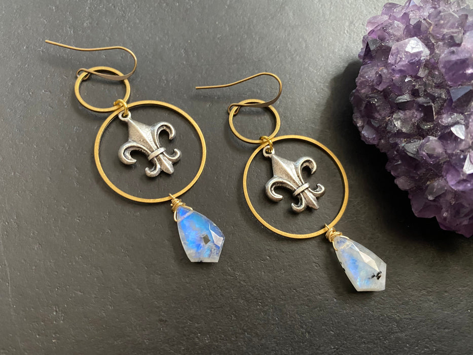 Statement earrings, Rainbow moonstone earrings, brass geometric hoops , Modern brass earrings, antique silver fleur di lis