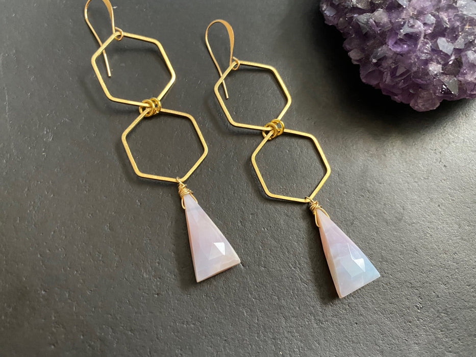Pink opal earrings ,natural stone jewelry, geometric brass earrings , statement earrings , gold dangles