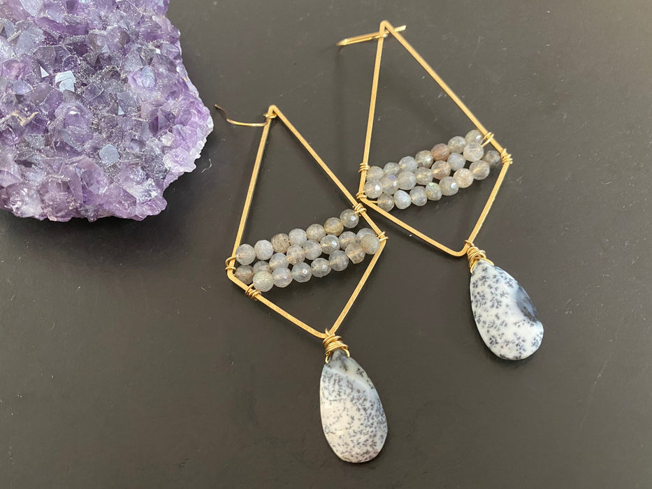 Dendritic opal earrings ,Statement earrings, natural stone earrings, brass earrings, gifts for her, labradorite beads wrapped