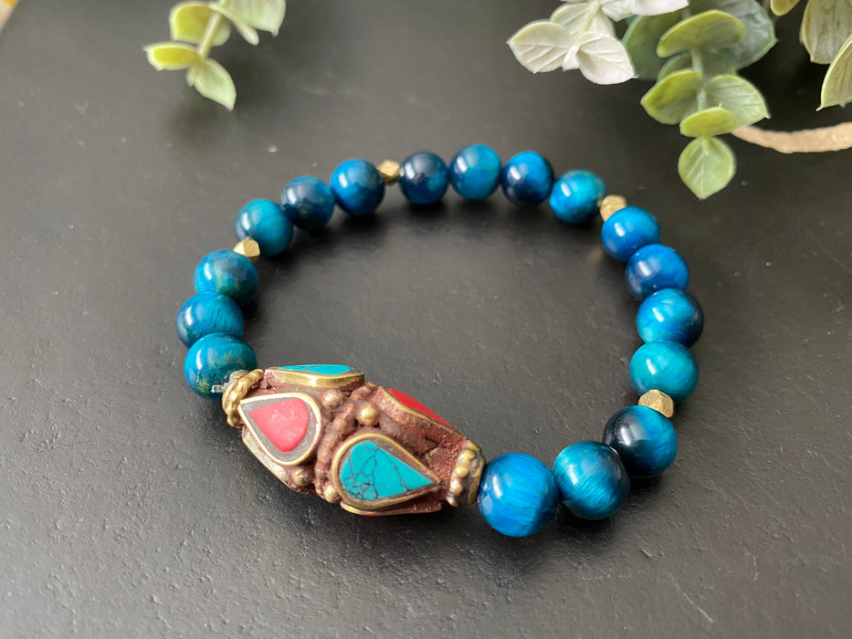 Statement bracelet, boho bracelet, blue tiger eye bracelet, Tibetan bead bracelet