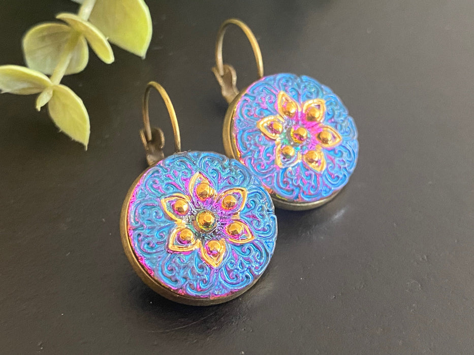New Czech Glass Button Earrings, Boho Dangle Earrings, Vintage Jewelry, Czech Glass Earrings, Bohemian Hippie Earrings, unique gift for her
